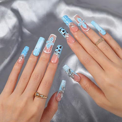 Blue Jelly Press On Nails, Handmade Silver 3D Flower Shell Leopard Design, 10pcs Square Shape Reusable Full Cover Acrylic Nails, Summer Beach Vacation & Party– Appife - color: Blue Tide, size: M