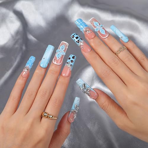 Blue Jelly Press On Nails, Handmade Silver 3D Flower Shell Leopard Design, 10pcs Square Shape Reusable Full Cover Acrylic Nails, Summer Beach Vacation & Party– Appife - color: Blue Tide, size: M