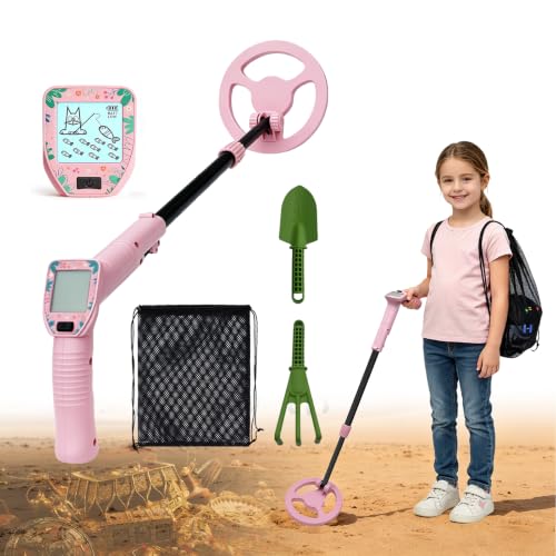 Metal Detector for Kids,0.88lbs with Shovel Rake Mesh Bag Kit,Pink
