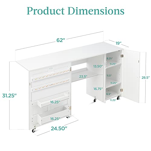 Best Choice Products Large Folding Sewing Table, Multipurpose Portable Craft Station & Side Desk w/Compact Design, Caster Wheels, Storage Shelves, 2 Storage Trays, Magnetic Doors - White - color: White