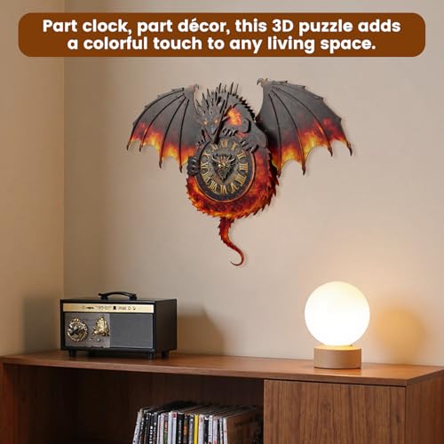 3D Wooden Puzzle Dragon Clock, Mechanical 3D Puzzle for Adults, Adult Crafts Model Clock Kit (with Pendulum), Fire Dragon Decor, Challenging Wooden Puzzles for Adults, Gifts for Women Men