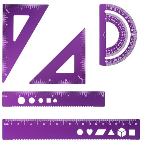 5 Pcs Metal Geometry Set, Math Drafting Ruler Kit- Aluminum Triangle Rulers, Protractor, 8 Inch and 6 Inch Drawing Ruler, Measuring Tool for School and Office Supplies (Purple) - color: Purple