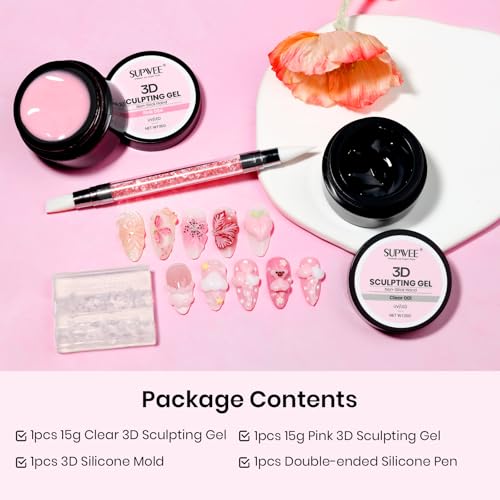 Sculpting Gel for Nail Art, 2PCS Non-Sticky 3D Gel Molding Nails - color: Clear&Pink