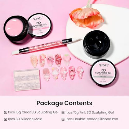 Sculpting Gel for Nail Art, 2PCS Non-Sticky 3D Gel Molding Nails - color: Clear&Pink
