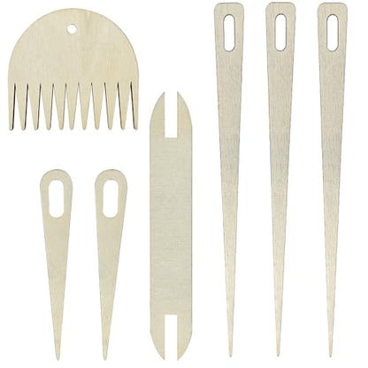 Wood Hand Loom Stick Set Wood Weaving Needle Crochet Tapestry Sewing Making Crafts Tools Tapestry Weaving Loom Tool Set No Burr Big Eye 7 Pieces Include Knitting Needles Shuttles Bobbin Stick Comb