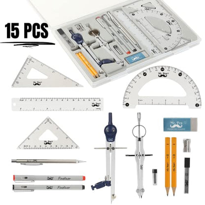 Mr. Pen- Professional Geometry Set, 15 pcs, Drafting Tools with Protractor - color: Silver