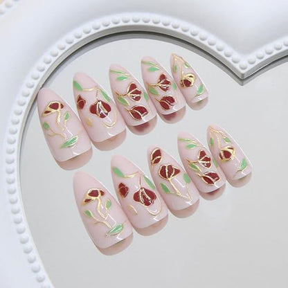 24Pcs Medium Almond Press on Nails Spring Fake Nails with Designs Full Cover Glue on Nails Flower False Nails Glossy Pink Summer Stick on Nail for Women - color: Style20
