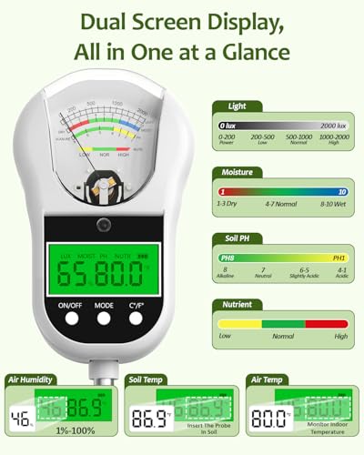 7-in-1 Soil Test Kit, Soil Moisture Meter/pH Meter/Light Intensity/Fertility/Air & Soil Hygrometer Temperature with Large Dual Display for Garden,Lawn, Farm, Indoor Outdoor Plants-Warm White