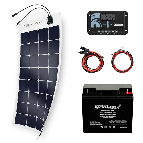 ExpertPower Solar Kit: 100W SunPower Flexible Panel, 12V 20AH AGM SLA Battery, 10A Controller, and Cables - Off-Grid DIY for Farm, Shed, Cabin, Lights - size: 240WH + 100W FLEXIBLE