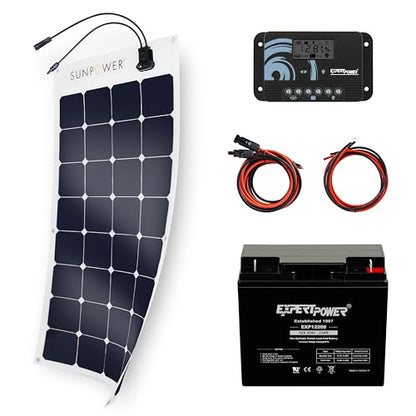 ExpertPower Solar Kit: 100W SunPower Flexible Panel, 12V 20AH AGM SLA Battery, 10A Controller, and Cables - Off-Grid DIY for Farm, Shed, Cabin, Lights - size: 240WH + 100W FLEXIBLE