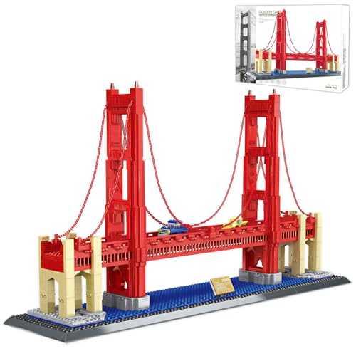 Golden Gate Bridge Building Block Set 1977 Pcs San Francisco Architecture Skyline Model Kit for Adults Teens 29.6" Long Famous USA Landmark Construction Project Home Office Desk Decor Display - color: Red