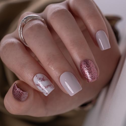 CurvLife Short Square Glitter Press On Nails, Apricot Glow Nude, Soft Gel - color: Nude Apricot