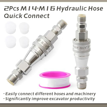 2Pcs M14-M16 Hydraulic Quick Coupling Adapter Compatible with AGT Mini Excavators Most Models and for Mini Excavator, Metric Hydraulic Fittings M14 Female to M16 Male Quick Connect