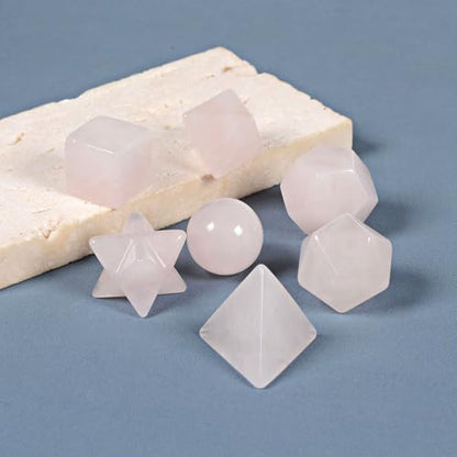 Justinstones 7-Piece Rose Quartz Natural Crystal Geometry Collection Healing Crystals Kit Sacred Geometry Platonic Solids Geometric Set Tumbled Stones Specimen Collection - style: Rose Quartz