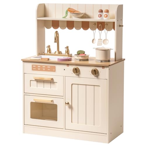 ROBOTIME Wooden Play Kitchen Set with Cutting Food, Ages 3+, 23in × 32in - color: Beige Color