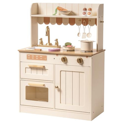 ROBOTIME Wooden Play Kitchen Set with Cutting Food, Ages 3+, 23in × 32in - color: Beige Color