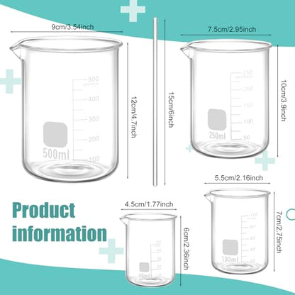 Jetec 5 Pieces Glass Beaker Set Lab Beaker with Stirring Rod, 4 Sizes of 50/100/250/500 ml Thick Borosilicate Glass Beakers for Back to School Science Lab Chemistry Supplies