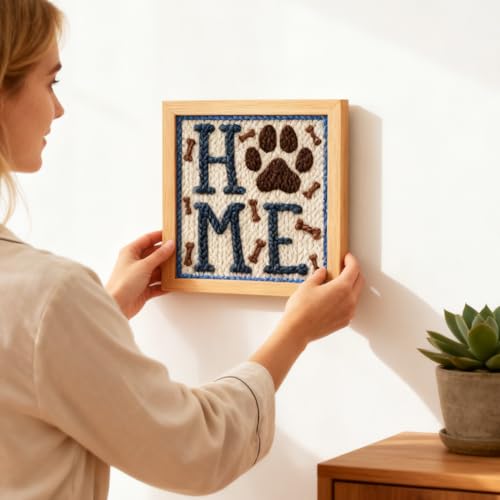 INFUNLY Punch Needle Kit for Adults Beginner Dog Home Punch Needle Kits with Fabrics Floss Instruction Pet Paw Needlepoint Embroidery Kits for Craft Lovers and Home Decor - style: Home Word