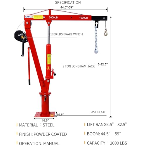 Truck Crane Truck Bed Hoist with Hand Winch Pickup Jib Crane 2000 lbs Capacity Hydraulic Extendable Boom 360° Pivot Red - color: Red