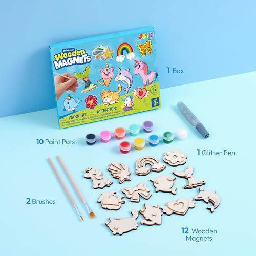 JOYIN 12 pcs Fantasy Wooden Magnets, Kids Unicorn Painting Craft, Spring and Rainy Day Activities School Art Projects, Toys for Kids Aged 3+ Birthday Easter - style: Fantasy