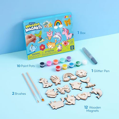 JOYIN 12 pcs Fantasy Wooden Magnets, Kids Unicorn Painting Craft, Spring and Rainy Day Activities School Art Projects, Toys for Kids Aged 3+ Birthday Easter - style: Fantasy