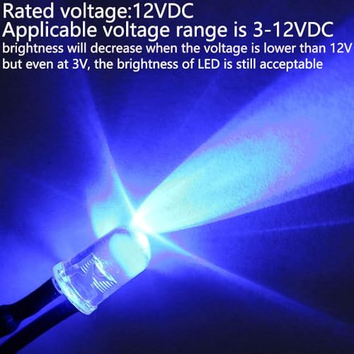 Gebildet 50pcs 3V-4.5V-5V-6V-7.5V-9V-12VDC 5mm Blue LED Lights Emitting Diodes, 12VDC Prewired 7.9 Inch V LED Light Diffused Colored Lens Small LED - color: Blue-5mm-12V