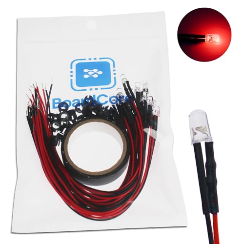 20PCS 12V 5mm Pre-Wired Red LED Diodes with Resistor, Includes 20 Black Mounts & 5-Meter Tape, for Classic 12V Indicator Lights, Switch Backlight, Alarm, and Panel Signals - color: Red