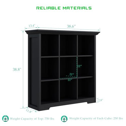 OSCHF 9-Cube Open Bookcase with Base, 3-Tier Wooden Bookshelf, Black - color: Black, size: 9-Cube