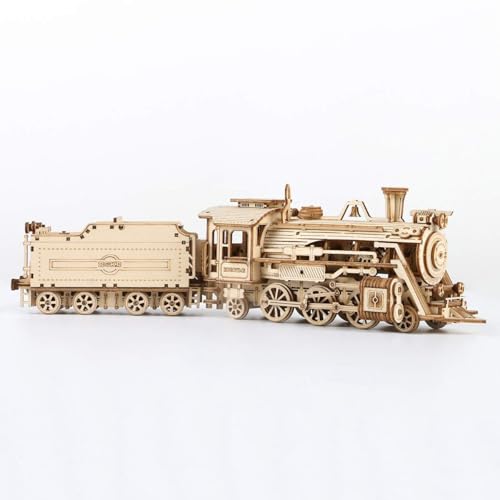 ROKR 3D Wooden Puzzle for Adults Mechanical Car Model-DIY Building Vehicle Kits-Brain Teaser Toys-Gift for Men Women on Birthday/Christmas Day (Steam Train Model with Carriage)