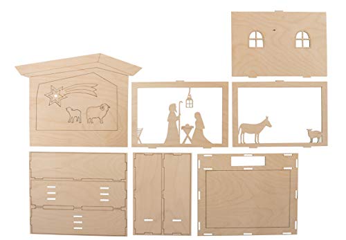 Rayher Wood.constr.3D Motif-Frames,FSCMixCred, Natural, 24x24x6.3cm, Crib, 13-Part, Box 1Set - style: Nativity