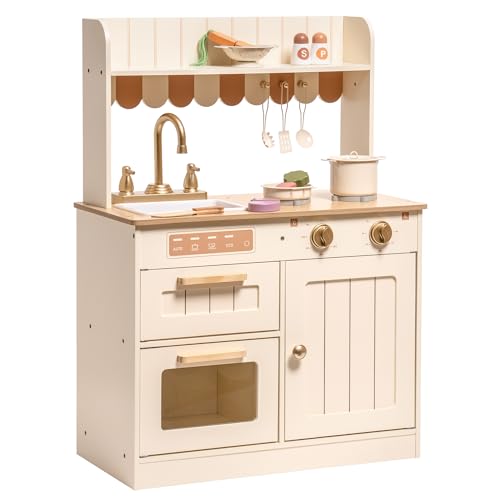 ROBOTIME Wooden Play Kitchen Set with Cutting Food, Ages 3+, 23in × 32in - color: Beige Color