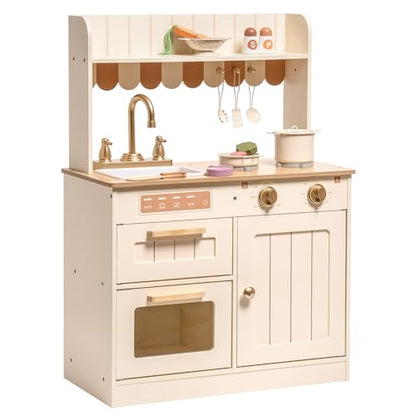 ROBOTIME Wooden Play Kitchen Set with Cutting Food, Ages 3+, 23in × 32in - color: Beige Color