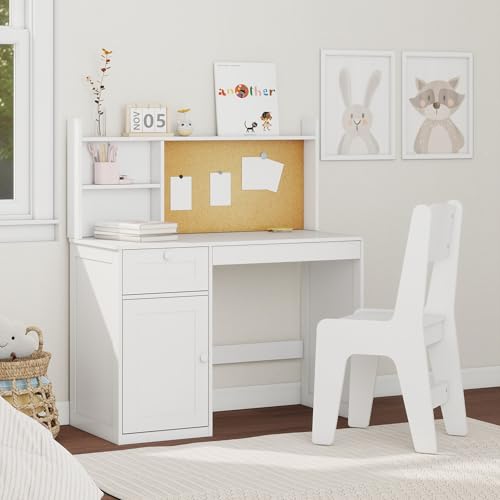 White Kids Study Desk with Chair, Kids Desk Chair Set for 5-12 Years Old - color: White, size: Regular