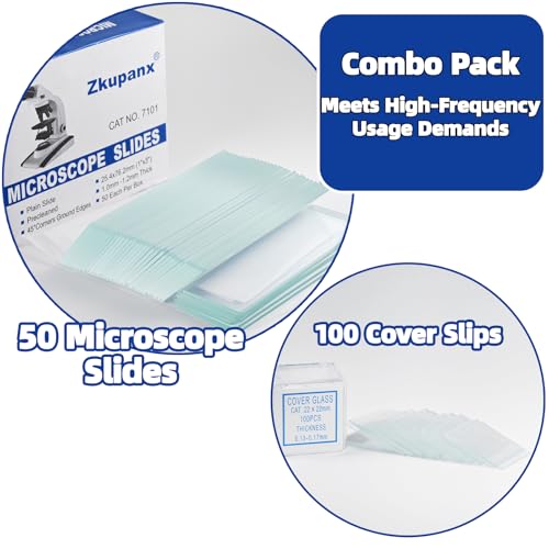 Zkupanx Microscope Slides and Coverslips Set - 50 Pre-Cleaned Glass Slides + 100 Cover Slips, Ground Edges, Laboratory Supplies for Scientific Experiments, Biology, Pathology
