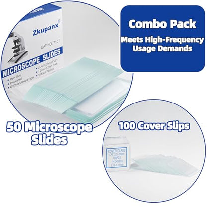 Zkupanx Microscope Slides and Coverslips Set - 50 Pre-Cleaned Glass Slides + 100 Cover Slips, Ground Edges, Laboratory Supplies for Scientific Experiments, Biology, Pathology