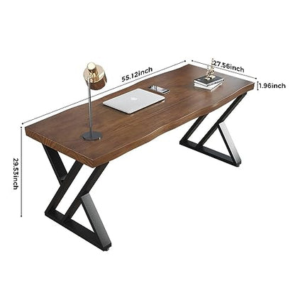 Sihtengxxhongs Solid Wood Desk 55 Inch, Rustic Home Office Computer Desk with Heavy Duty Metal Legs, Large Executive Writing Study Desk, Real Wood Workstation for Home, Office, Dining Room - size: FS-55