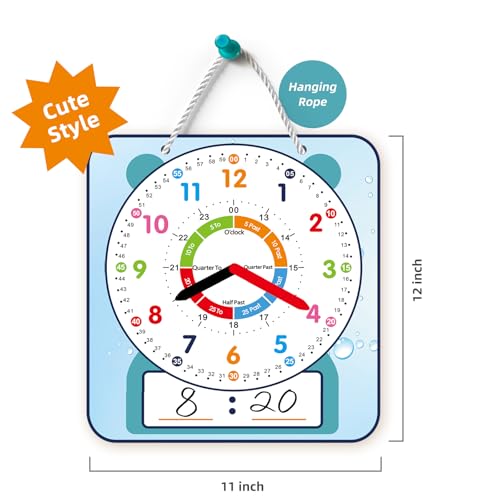 ANCOMEDO Large 12" Magnetic Writable Dry Erase Teaching Clock,Teaching Demonstration Clock for Kids Learning Time with Cute Style for Home School Classroom Supplies(12" x 11") - style: Cute blue-1pack