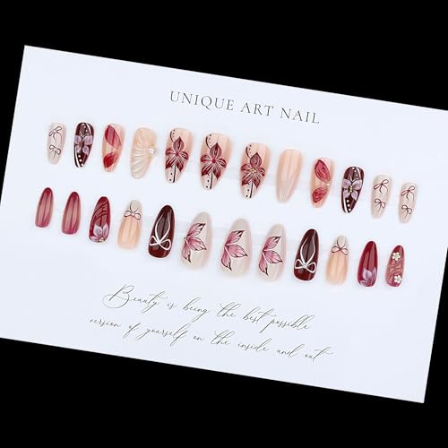 Almond Press on Nails Long Wine Red Fake Nail3D Flowers Charm Acrylic Nail Press ons with Embossed Design Stick on Nails for Women 24pcs - color: Color15