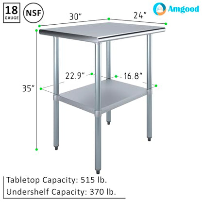 AmGood 24 in. x 30 in. Stainless Steel Work Table | Metal Kitchen Food Prep Table | NSF - size: 30 in. Long x 24 in. Deep without Wheels