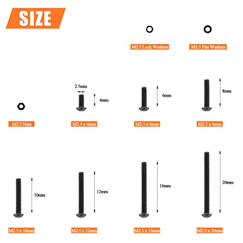 HELIFOUNER 560 Pieces M2.5 x 4mm /6mm /8mm /10mm /12mm /16mm /20mm, Button Head Socket Cap Screws Bolts Washers Nuts Kit, 10.9 Grade Alloy Steel, Full Threaded, Black - size: M2.5, style: Button Head