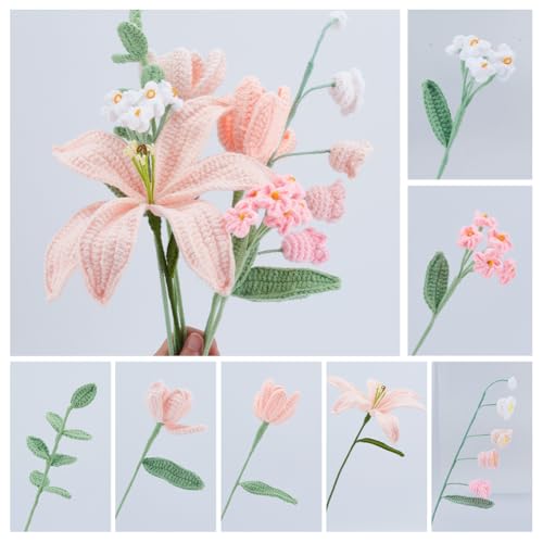 INFUNLY 12pcs/Set Crochet Flower Bouquet Kit Pink Tulip Handmade Crochet Flower Set White Lily Knitted Flowers Making Kit with Yarn Hook Instructions for Women Wedding Graduation Birthday Home - color: Beige White