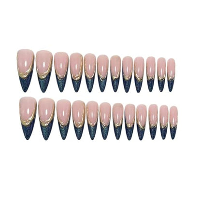 Stiletto Press on Nails Medium Blue Fake Nail Golden Embossed Acrylic Nail Press ons Cat Eye Stick on Nail for Women 24pcs - color: Color37