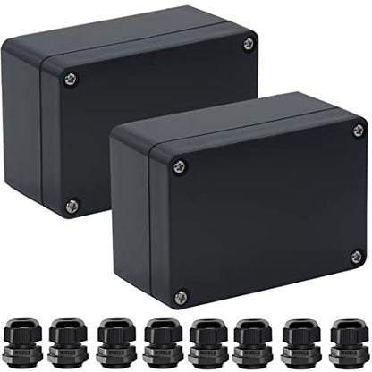 2 Packs Junction Box IP65 Waterproof ABS Plastic Electrical Project Case Power Junction Boxes, Project Box with 8 PCS M16 Cable Glands 3.94x2.68x1.97 inch(100x 68 x50 mm) - color: Black, size: 3.94"x2.68"x1.97"(2Pcs)