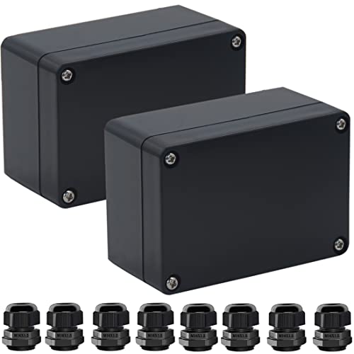 2 Packs Junction Box IP65 Waterproof ABS Plastic Electrical Project Case Power Junction Boxes, Project Box with 8 PCS M16 Cable Glands 3.94x2.68x1.97 inch(100x 68 x50 mm) - color: Black, size: 3.94"x2.68"x1.97"(2Pcs)
