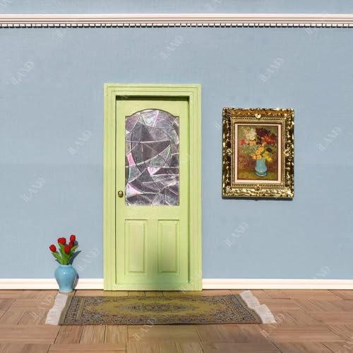 iLAND Dollhouse Door on 1 12 Scale, Unfinished Paintable Wooden Door w/ 3D Windowpane Reflecting Rainbow Light & Golden Metal Handles, Miniature Building Supplies Dollhouse Furniture & Decor - style: Classic Door w/ 3D Acrylic Windowpane