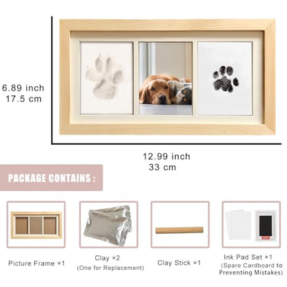 ZAPVLVT Paw Print Impression Kit for Dogs and Cats, 2 Clay, Large Ink Pad, Wooden Picture Frame, Pet Memorial Keepsake, Gift for Pet Owners & Lovers