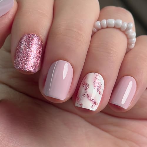 CurvLife Short Square Glitter Press On Nails, Apricot Glow Nude, Soft Gel - color: Nude Apricot