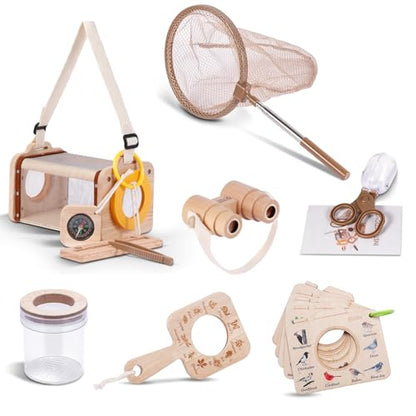 Bug Catcher Kit for Kids,11 PCS Wooden Bug Catching Kit with Butterfly Net,Magnifying Glass,Bug Habitat,Binoculars,Compass,Kids Explorer Kit for Backyard & Camping,Fun Gift for Girls Boys (11PCS)