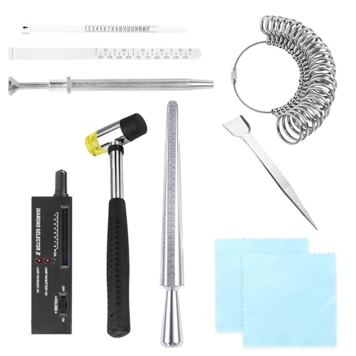 Jewelry Ring Sizer Tool Kit with Ring Mandrel & Diamond Tester – Ring Size Gauge Set, Rubber Jewelry Hammer, Ring Measuring Tool, Jewelry Repair Tools & Polishing Cloth for Jewelry Making - color: 10pcs
