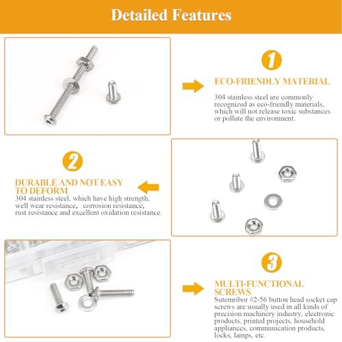 254 Pieces #2-56 x 3/16", 1/4", 5/16", 3/8", 1/2", 5/8", 3/4", 1", Button Head Socket Cap Screws Nuts Washers Assortment Kit - size: #2-56, style: Button Head Socket Cap